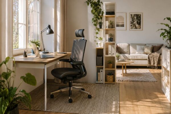 Birou de acasă luminos cu scaun ergonomic și plante