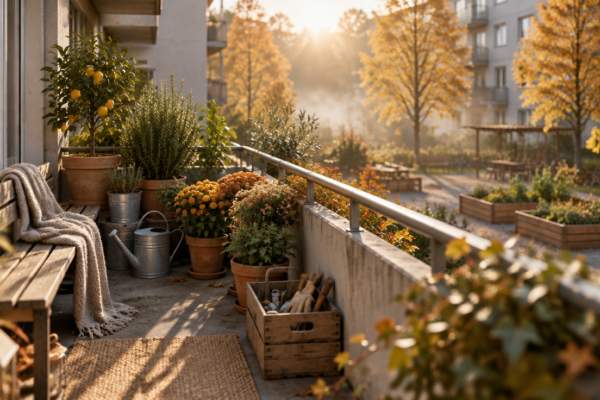 Balcon de bloc cu ghivece de ierburi aromatice și un fotoliu mic, iar în fundal curtea interioară a blocului în lumina toamnei
