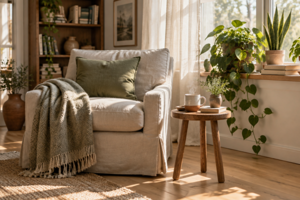 Pervaz luminos cu plante verzi, o cană de ceai și un fotoliu într-un colț liniștit al unei case