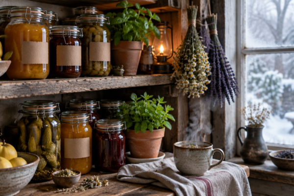 Raft de lemn lângă fereastră, cu borcane de conserve, ierburi aromatice în ghivece, o cană cu ceai și plante uscate, în lumină de iarnă