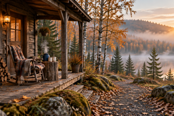 Cabană din lemn la marginea unei păduri de toamnă, cu verandă, un fotoliu și un ceainic aburind pe o masă mică